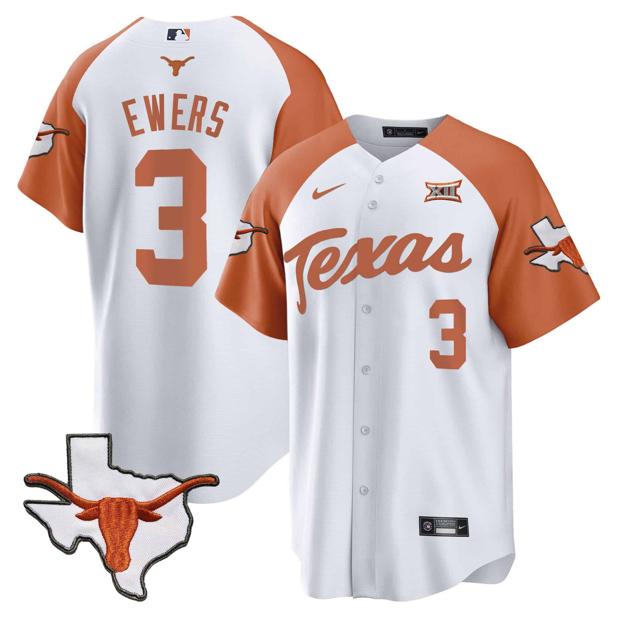 Men Texas Longhorns 3 Ewers White 2024 Baseball NCAA Jersey style 2
